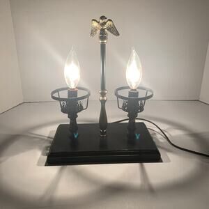 Vintage Mid Century Black Wood Brass Eagle Double Student Desk/Study Lamp MCM